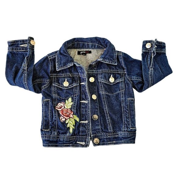Girls Denim Jacket Size 3T Floral Embroidered Button-Up Jeans Coat w Pockets - Picture 1 of 6